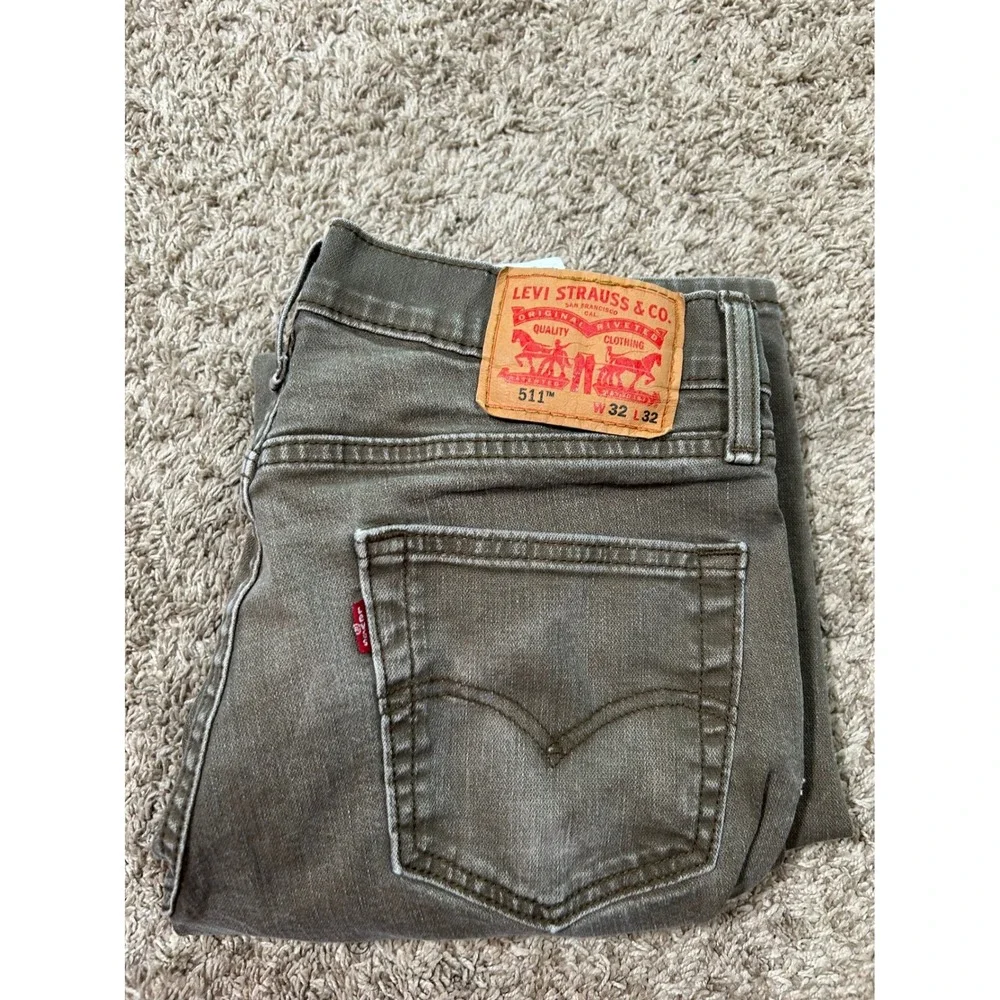 Levis 511 Slim Fit Jeans 32x32 Olive Green Faded Denim Pants Distress Workwear